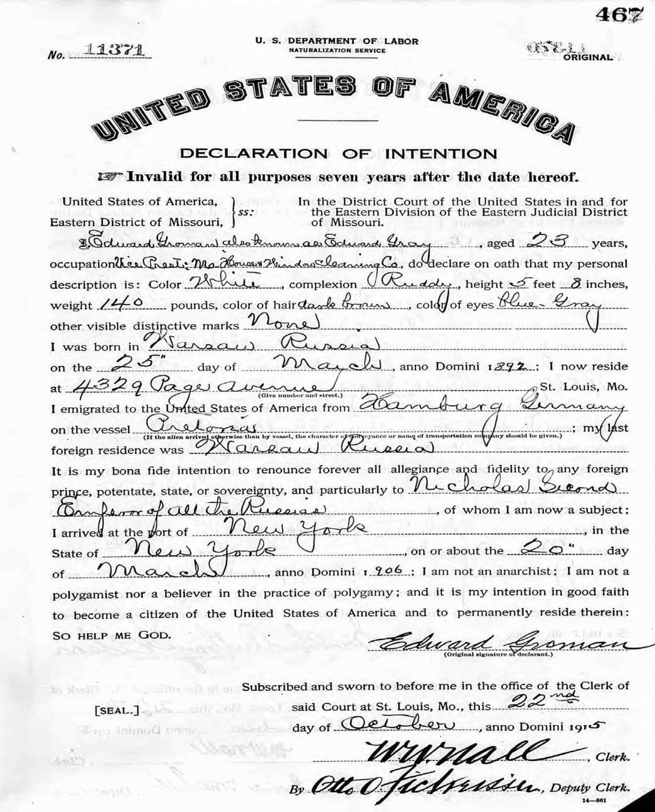 Citizenship Declaration 1915