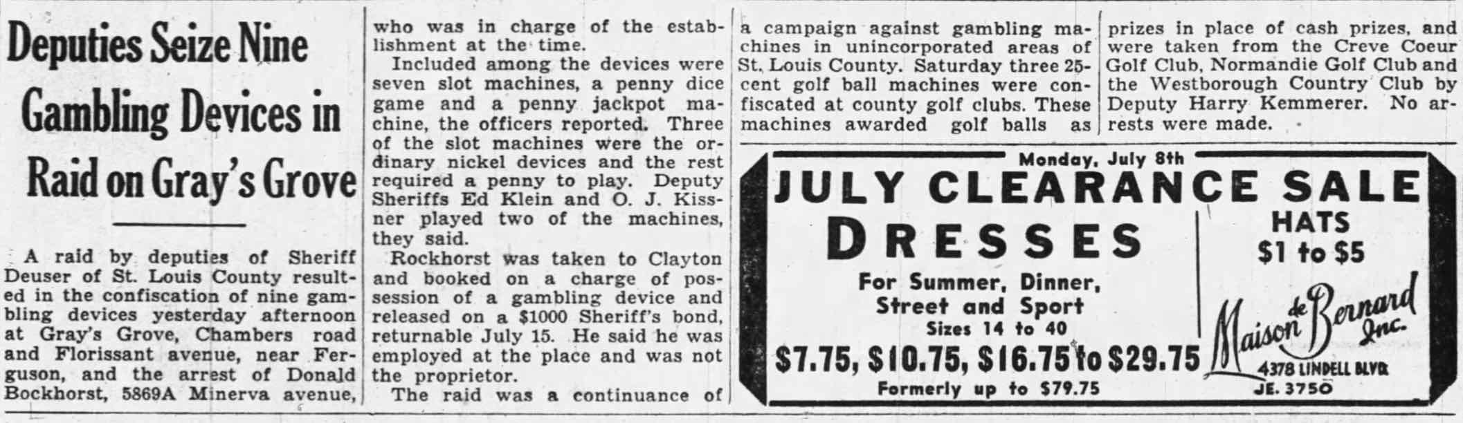 Gambling Device Found at Gray’s Grove 1935