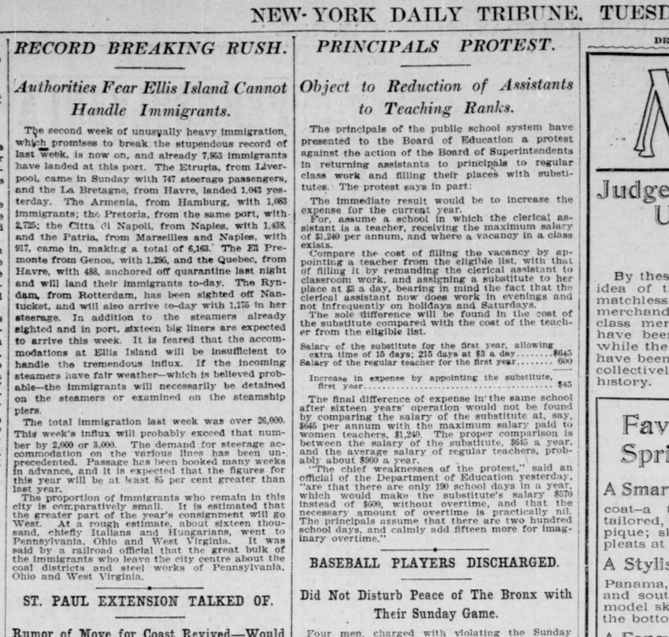 New York Daily Tribune dated March 28, 1905 reporting arrival of 26,000 previous week