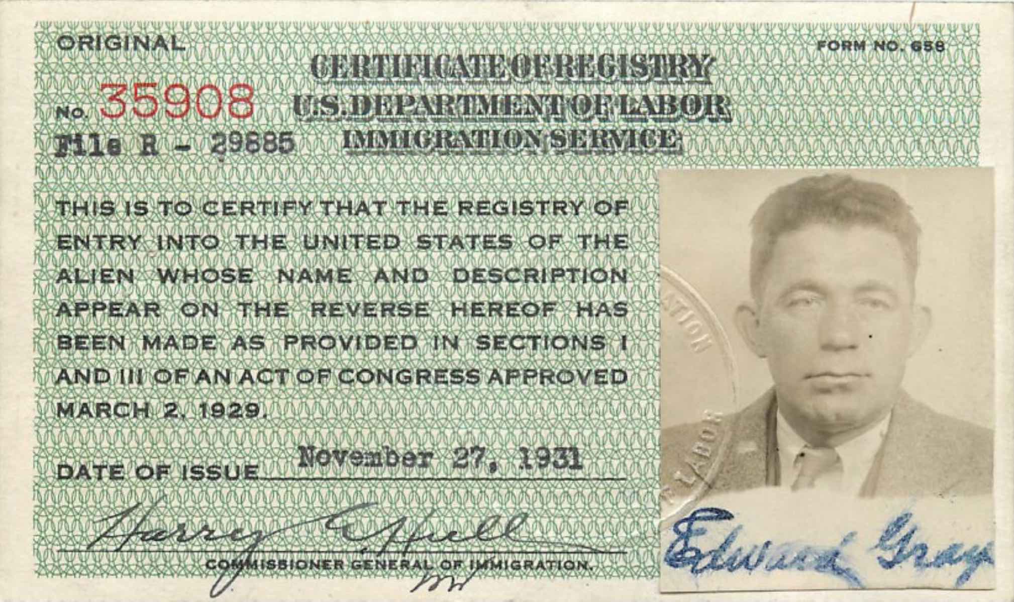 Registry of Entry into U.S. 1931